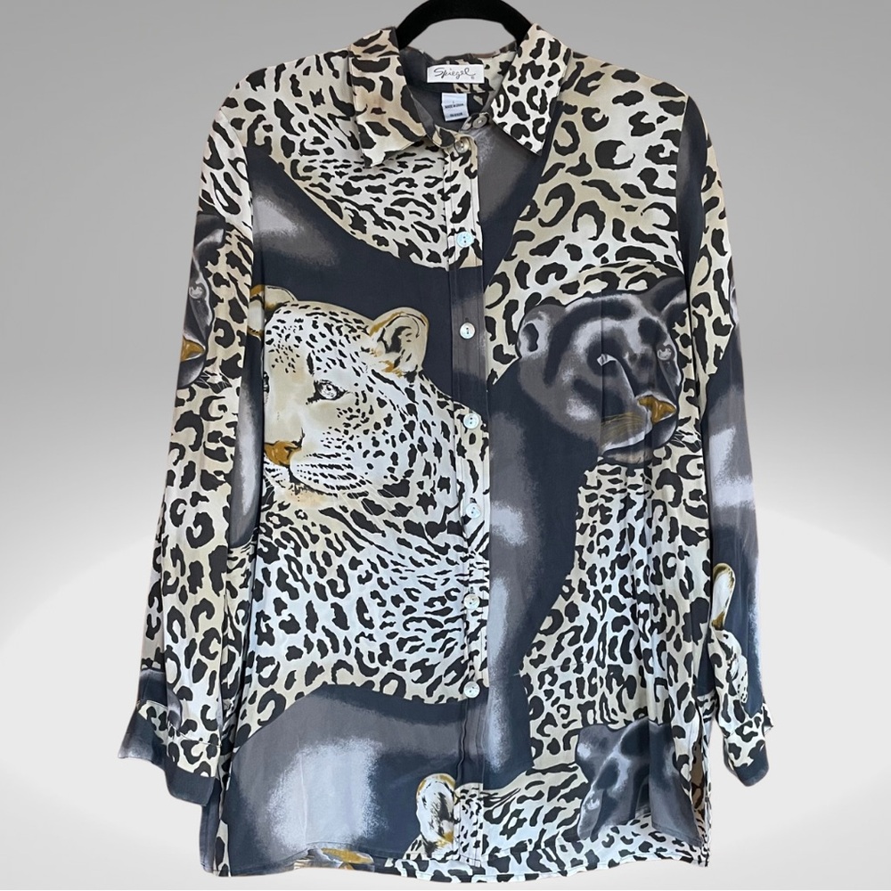 Spiegel Grey Cream Cheetah Print with Cheetah & Jaguar Silk Button Up